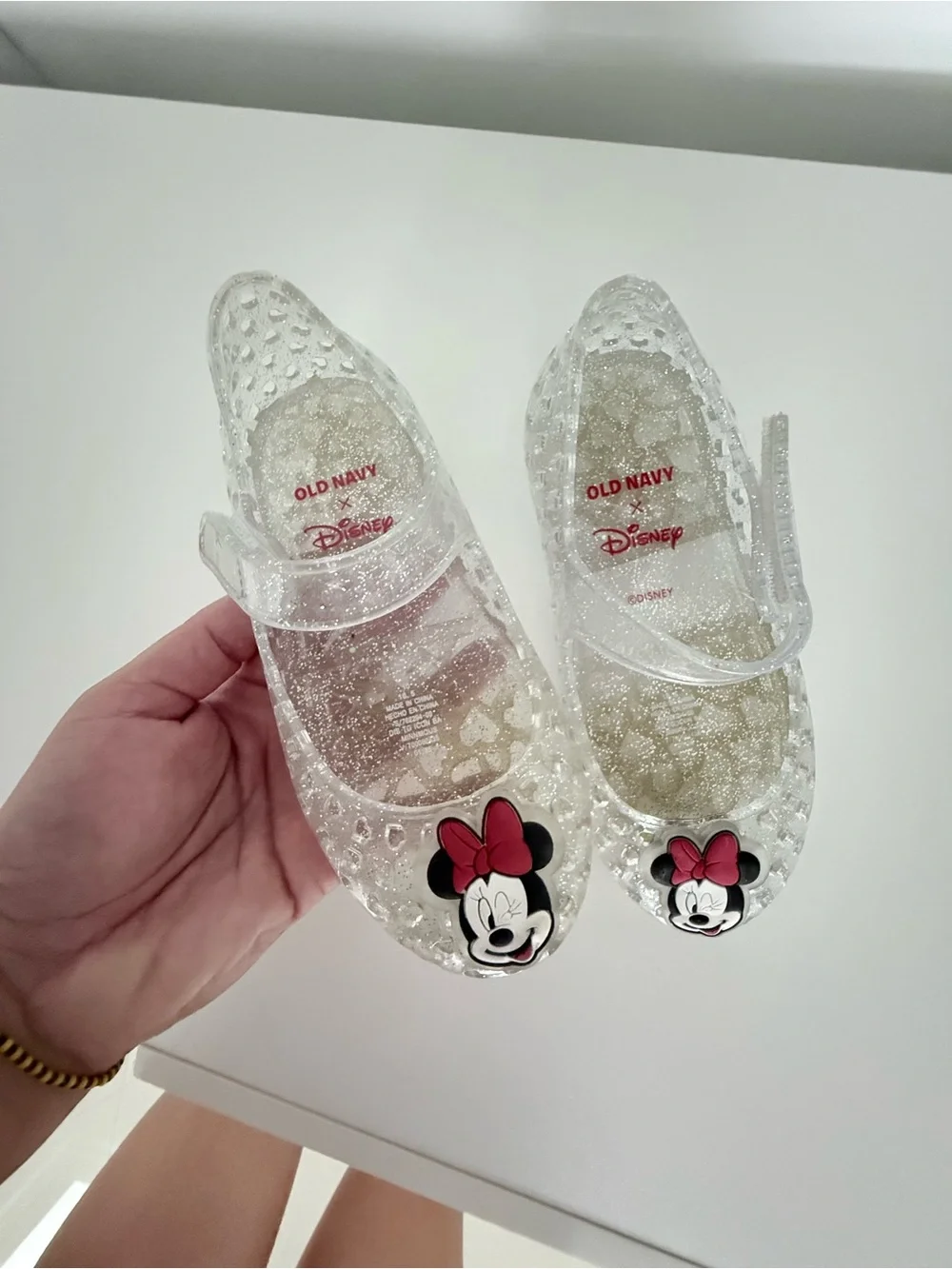 Disney Clear Glitter Minnie Mouse Jelly Mary Jane Shoes with Pink Bow